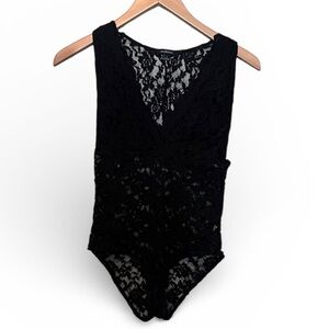 Ambiance Black Lace bodysuit, v neck, snap closure, women’s size large